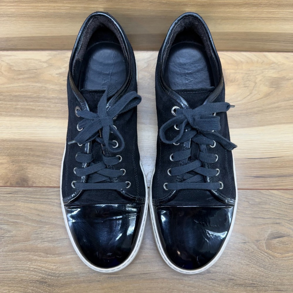 LANVIN Black Suede Patent Leather Sneakers Men 9 Lace Up Low Minimalist Casual